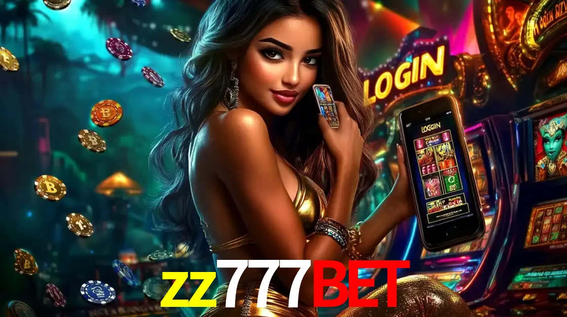 Mulher em um cenário de cassino temático de aventura, mostrando o app de caça-níqueis da zz777bet no celular. Fichas de apostas flutuam ao redor.