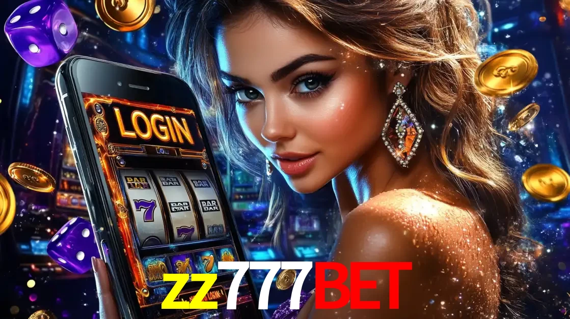 Mulher glamorosa segurando um smartphone com a tela de login para os jogos de caça-níqueis do cassino online zz777bet, com moedas de ouro e dados ao redor.