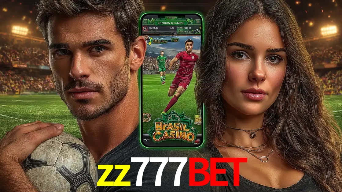 Homem segurando uma bola de futebol e uma mulher ao lado de um smartphone exibindo o jogo de apostas esportivas da zz777bet. Faça seu palpite no cassino online.